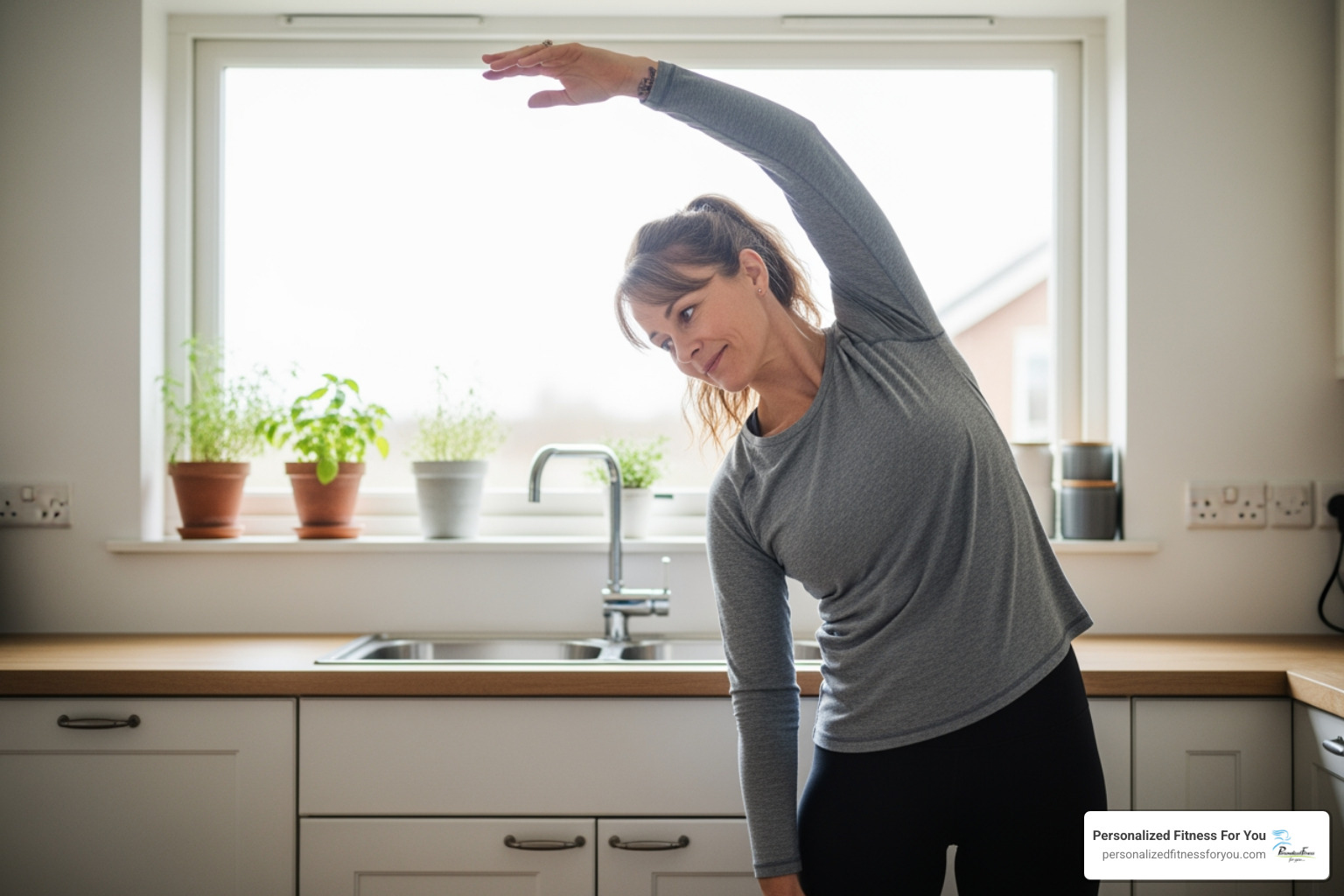 woman doing light stretching in a kitchen - NEAT woman doing light stretching in a kitchen - NEAT
