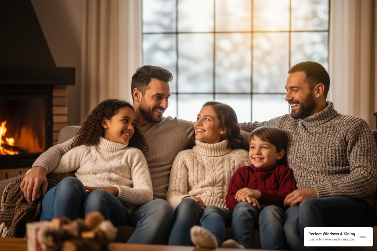 a family comfortably enjoying their living room in winter - Drafty window replacement