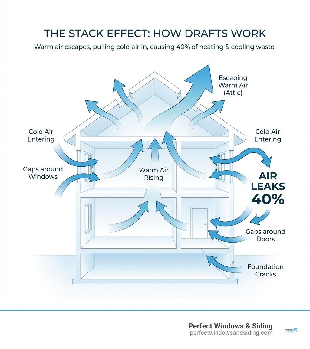 Infographic showing the stack effect in a home cross-section: warm air rising and escaping through the attic, while cold air enters through gaps around windows, doors, and foundation, with arrows indicating air flow direction and labels showing heat loss percentages through different areas including 40% through air leaks - Drafty window replacement infographic 