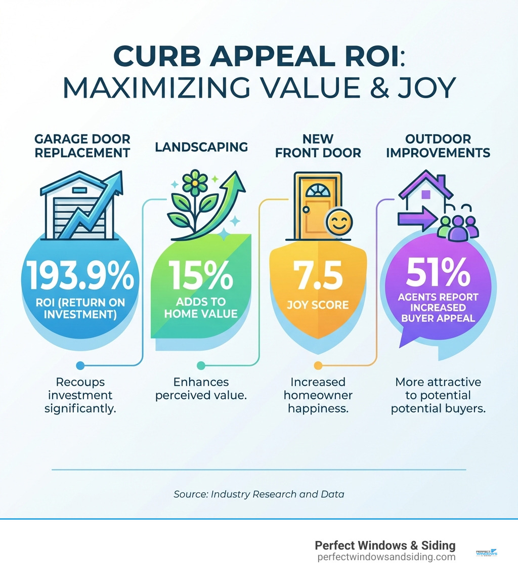 Infographic showing ROI percentages for curb appeal projects: garage door replacement at 193.9% ROI, landscaping adding 15% to home value, new front door with 7.5 Joy Score, and 51% of agents reporting outdoor improvements increase buyer appeal - curb appeal improvement infographic 