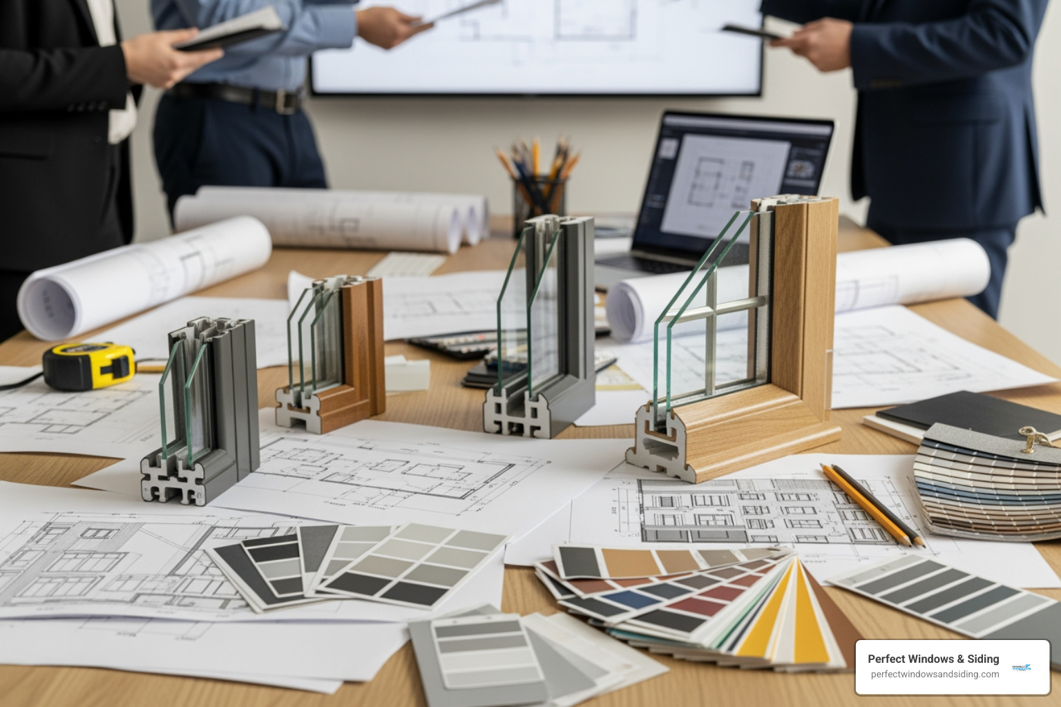 design consultation with window samples, color swatches, and architectural drawings - custom window design