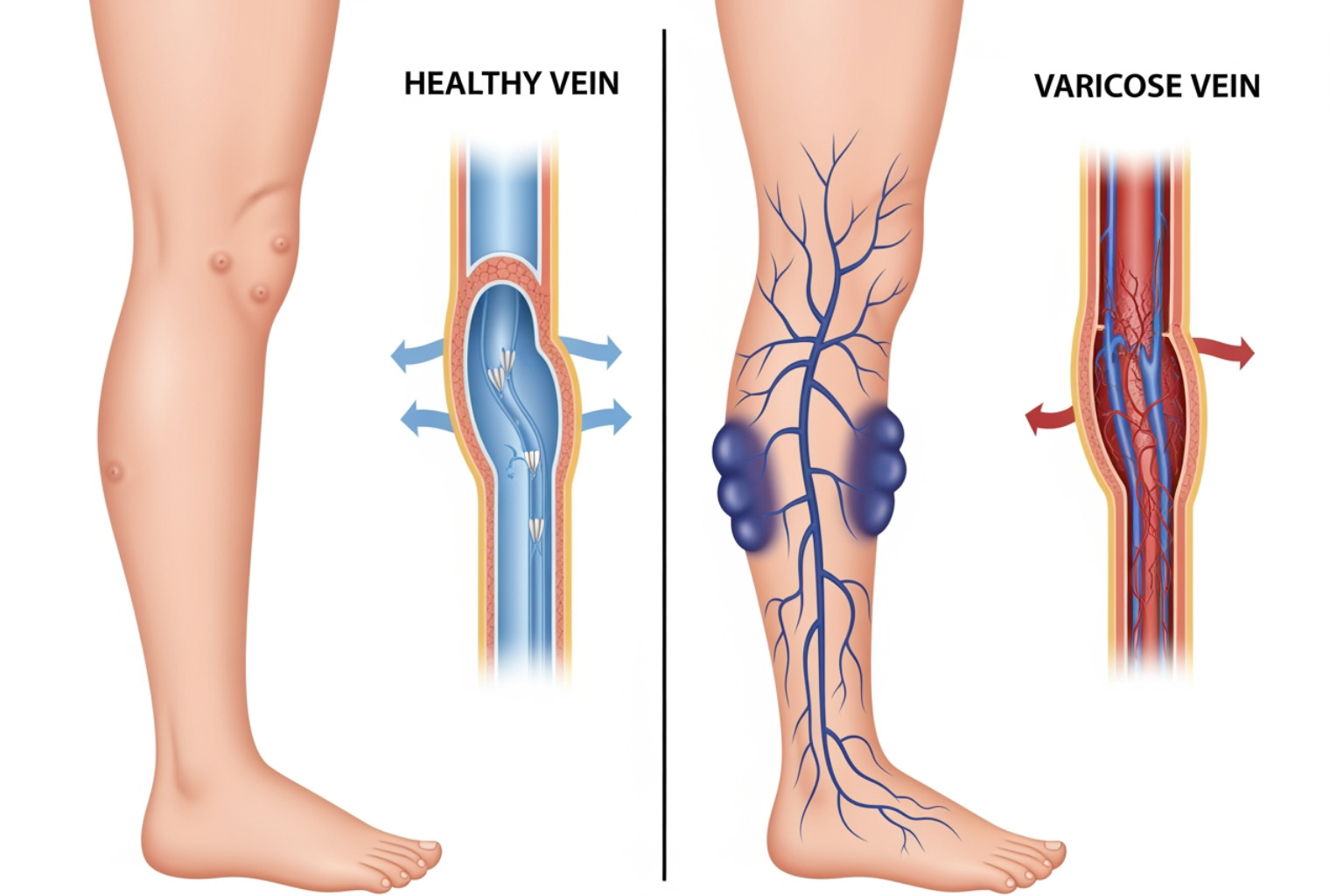 showing the difference between healthy veins and varicose veins - leg aches and pain showing the difference between healthy veins and varicose veins - leg aches and pain