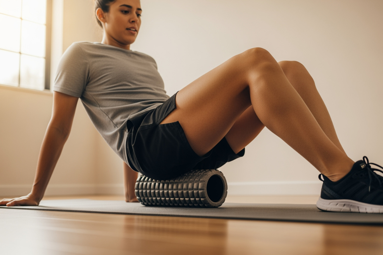 A person using a foam roller on their thigh - Sore muscle relief A person using a foam roller on their thigh - Sore muscle relief
