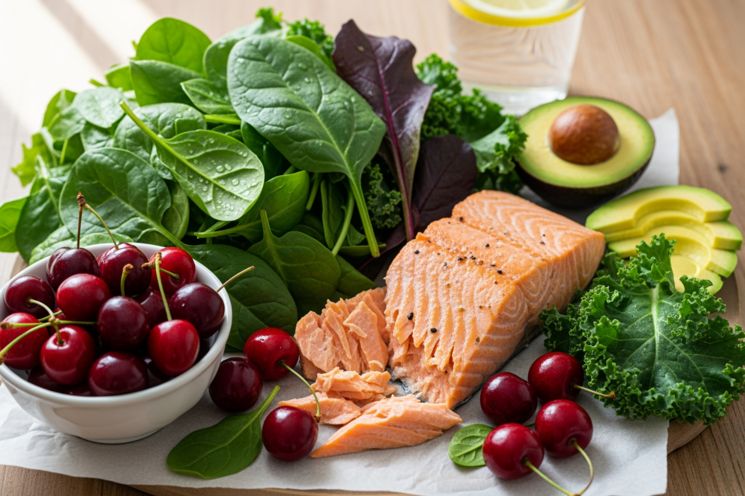 Healthy recovery foods like tart cherries, salmon, and leafy greens - Sore muscle relief Healthy recovery foods like tart cherries, salmon, and leafy greens - Sore muscle relief