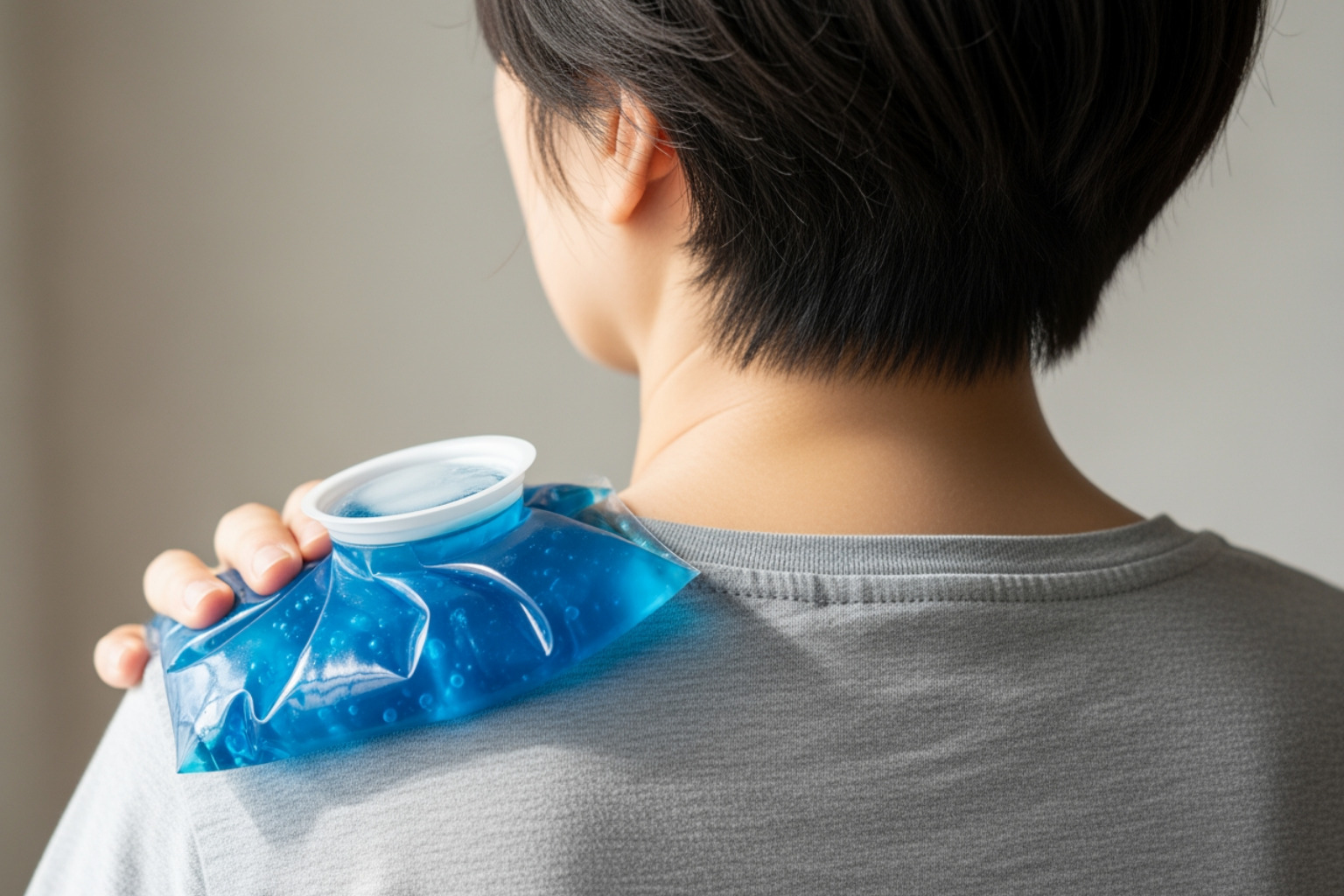 person applying ice pack to trapezius - torn trap muscle treatment person applying ice pack to trapezius - torn trap muscle treatment