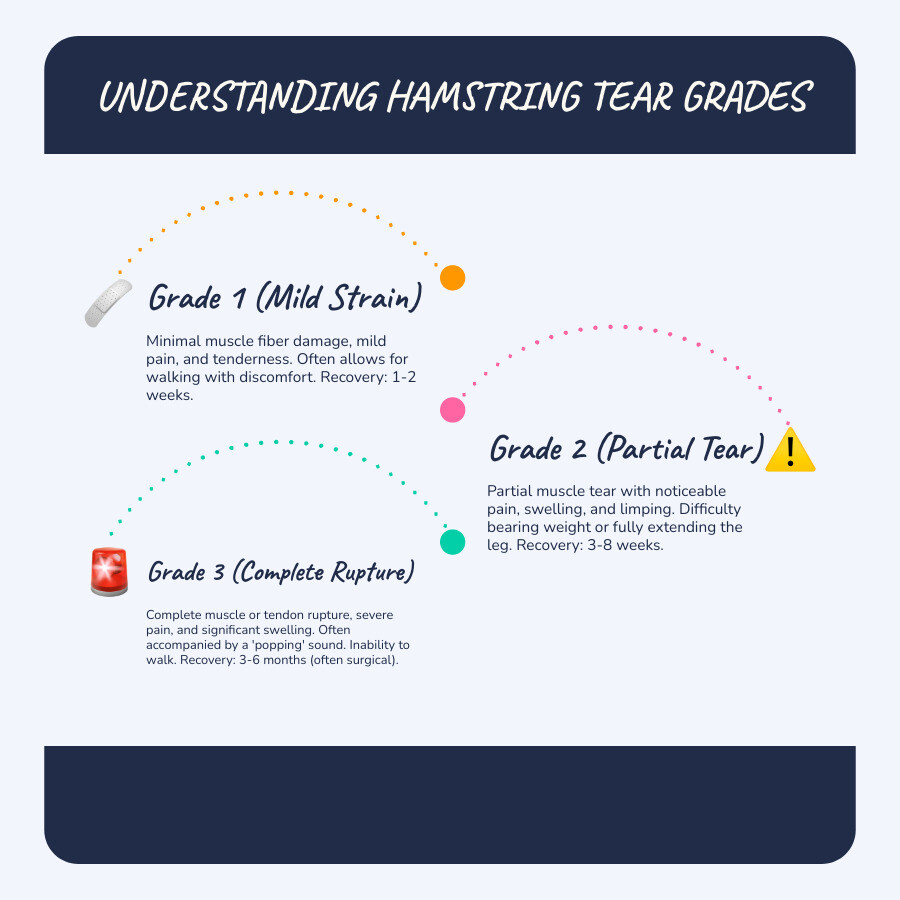 Infographic showing the three grades of hamstring tears: Grade 1 with minimal muscle fiber damage and mild pain, Grade 2 with partial muscle tear and moderate pain with limping, and Grade 3 with complete muscle rupture, severe pain, significant swelling, and inability to walk - torn hamstring muscle treatment infographic infographic-line-3-steps-blues-accent_colors