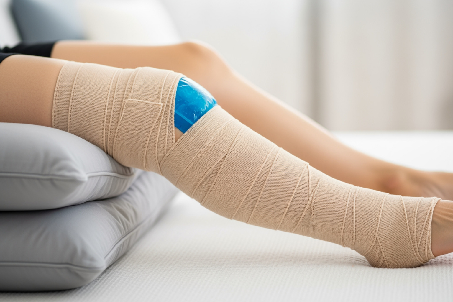 Illustration of the RICE method components: Rest, Ice, Compression, and Elevation - torn hamstring muscle treatment