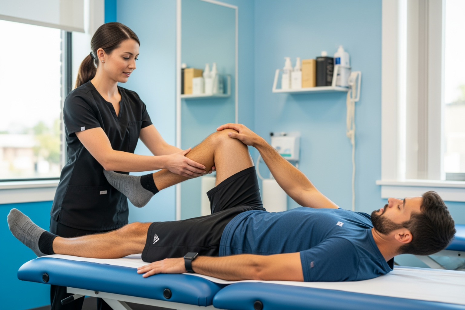 A physical therapist assisting a patient with a hamstring stretch - torn hamstring muscle treatment