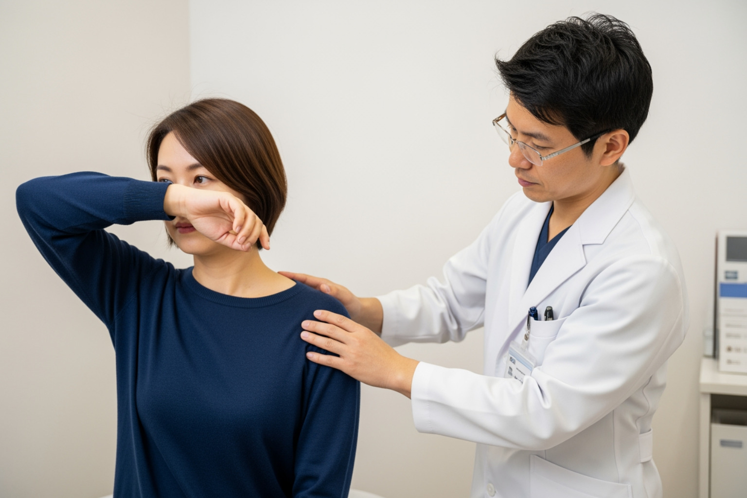 Doctor performing a range of motion test on a patient's shoulder and neck - trapezius muscle tear treatment Doctor performing a range of motion test on a patient's shoulder and neck - trapezius muscle tear treatment
