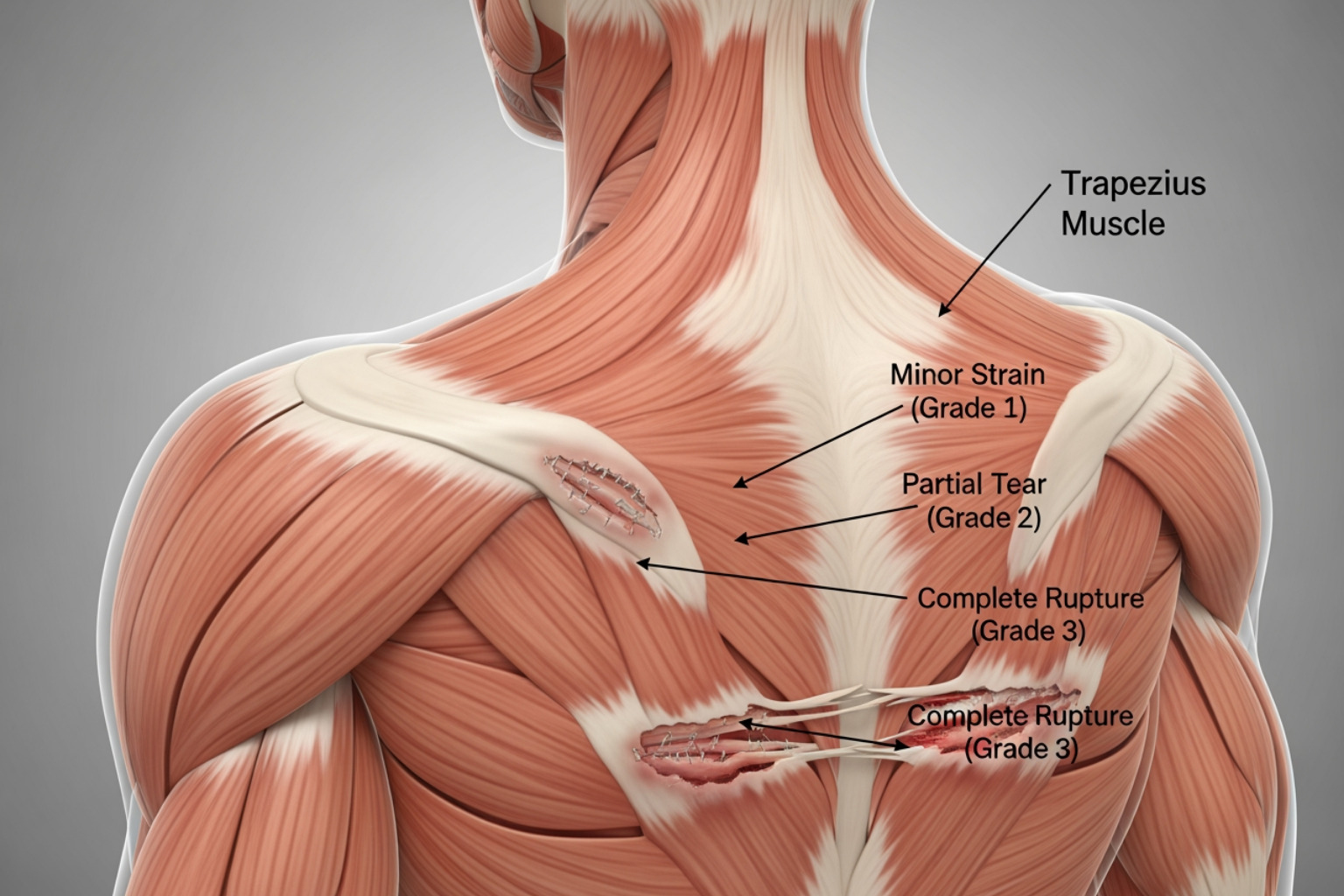 Anatomy of the trapezius muscle showing upper, middle, and lower fibers, and illustrating different grades of muscle tears - trapezius muscle tear treatment Anatomy of the trapezius muscle showing upper, middle, and lower fibers, and illustrating different grades of muscle tears - trapezius muscle tear treatment
