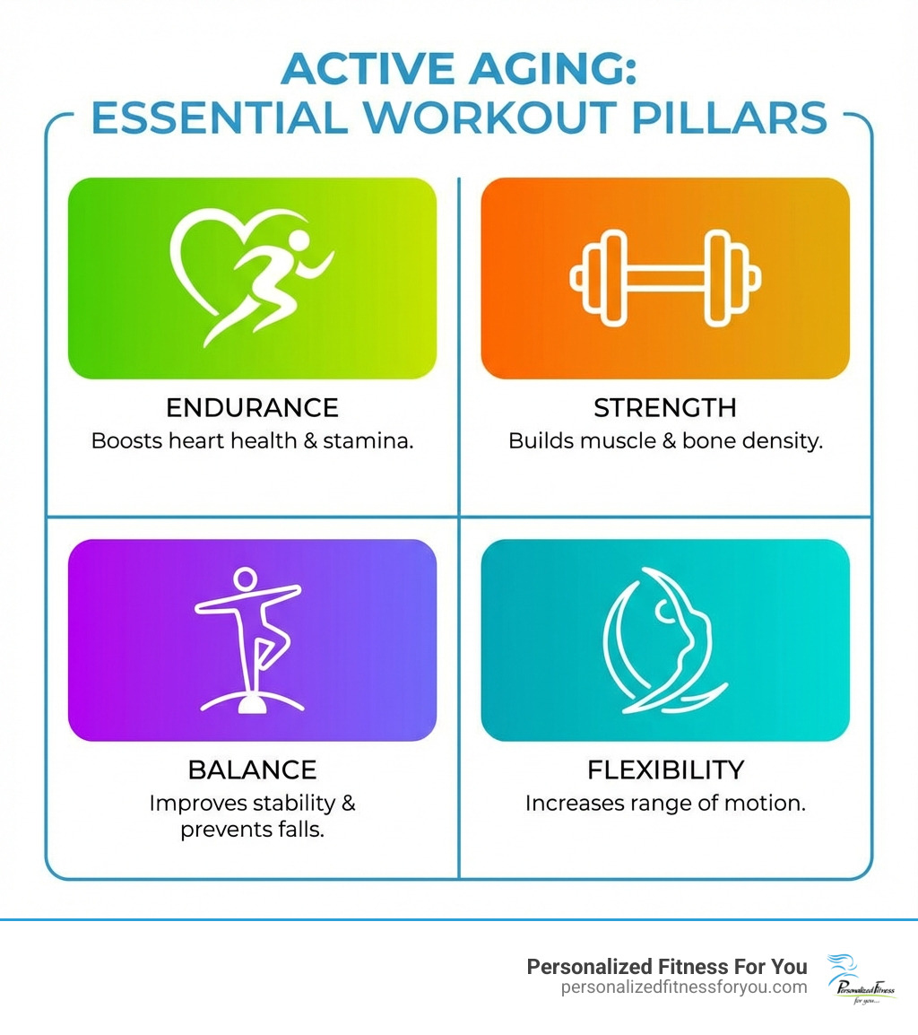 four icons representing Endurance, Strength, Balance, and Flexibility - workout routine for elderly four icons representing Endurance, Strength, Balance, and Flexibility - workout routine for elderly