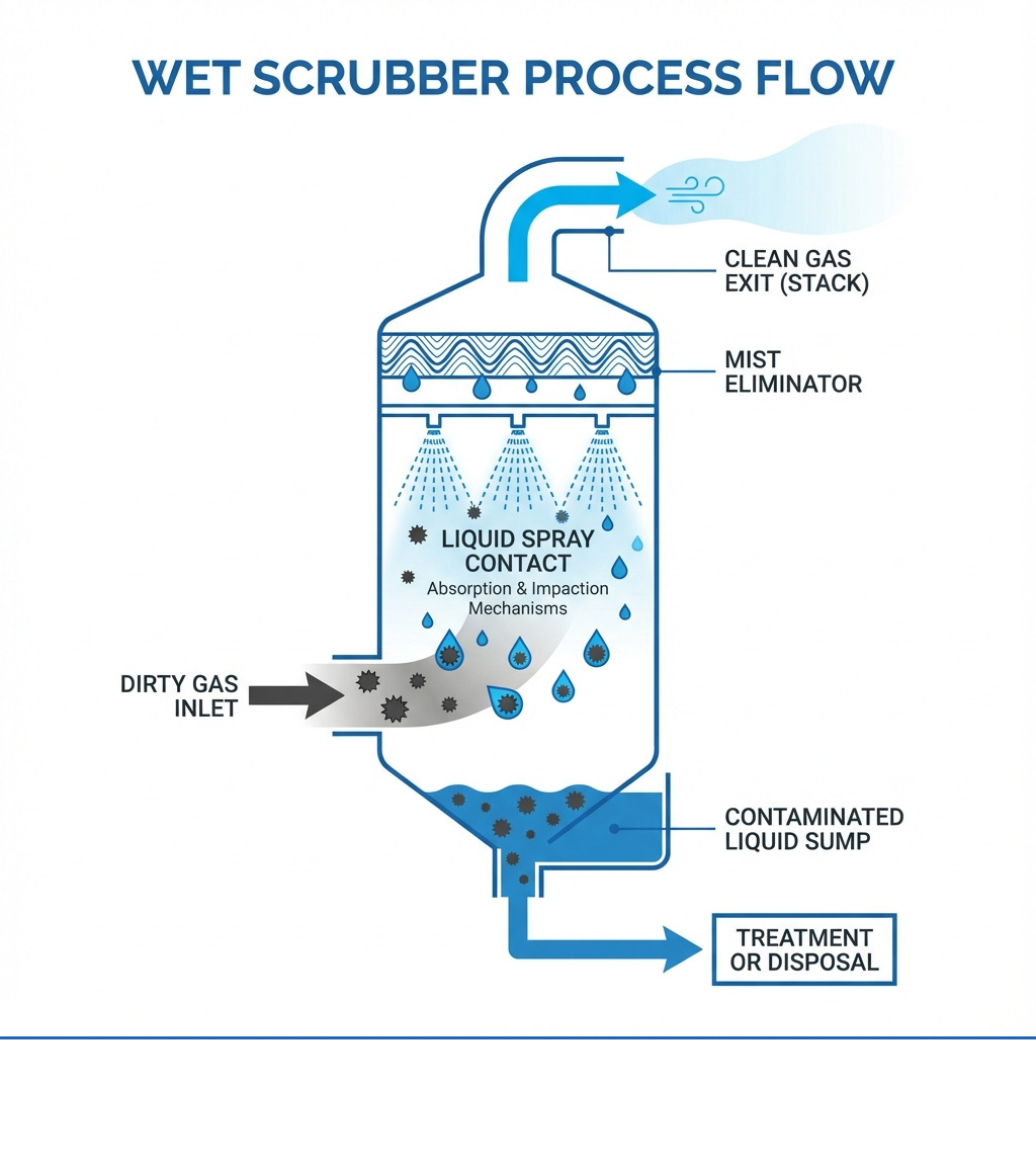 infographic showing wet scrubber process flow: dirty gas enters vessel, liquid spray contacts pollutants through absorption and impaction mechanisms, mist eliminator removes droplets, clean gas exits stack, contaminated liquid collected in sump for treatment or disposal - Wet scrubber systems infographic infographic showing wet scrubber process flow: dirty gas enters vessel, liquid spray contacts pollutants through absorption and impaction mechanisms, mist eliminator removes droplets, clean gas exits stack, contaminated liquid collected in sump for treatment or disposal - Wet scrubber systems infographic