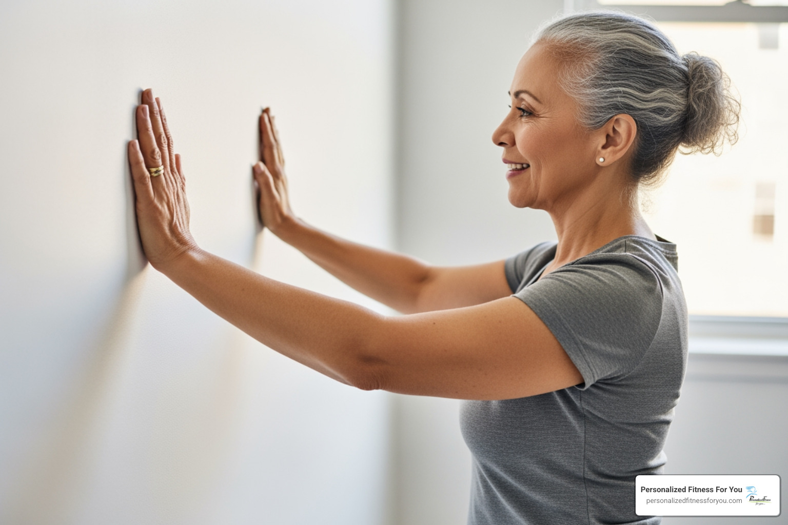 woman performing a wall push-up with correct form - workout routine for elderly woman performing a wall push-up with correct form - workout routine for elderly