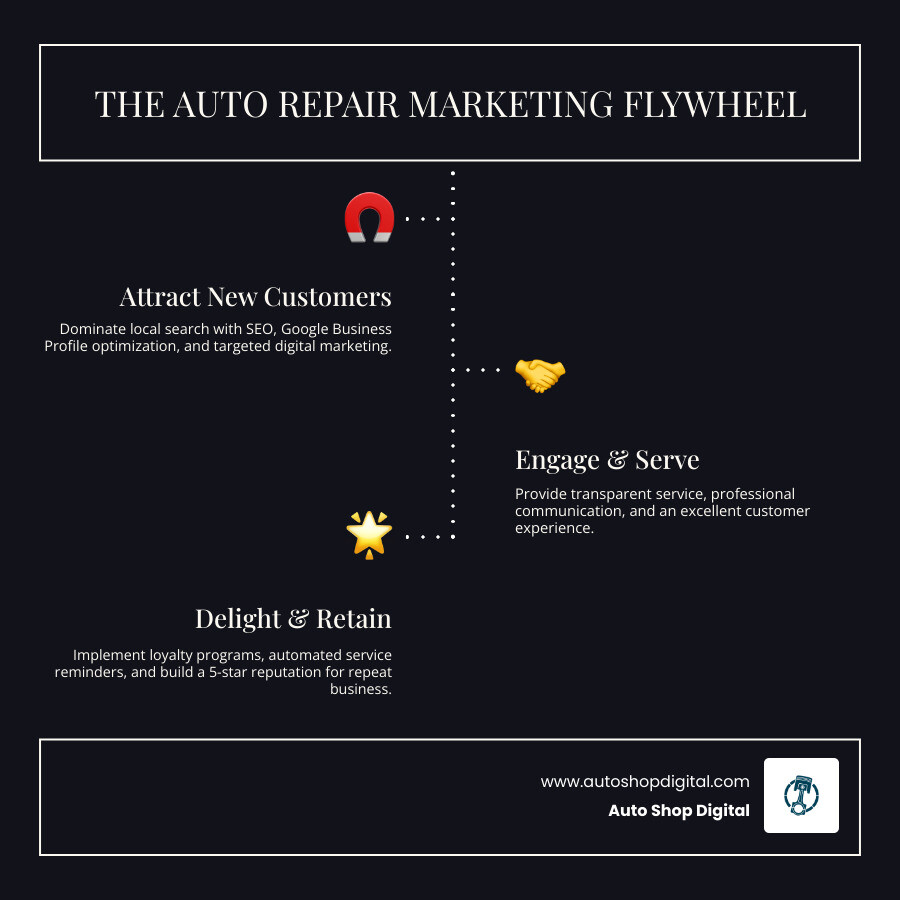 Infographic showing the auto repair marketing flywheel with three stages: Attract new customers through local SEO and digital marketing, Engage them with transparent service and professional communication, and Delight them with loyalty programs and follow-ups to encourage repeat business and referrals - how to increase auto repair business infographic infographic-line-3-steps-dark Infographic showing the auto repair marketing flywheel with three stages: Attract new customers through local SEO and digital marketing, Engage them with transparent service and professional communication, and Delight them with loyalty programs and follow-ups to encourage repeat business and referrals - how to increase auto repair business infographic infographic-line-3-steps-dark