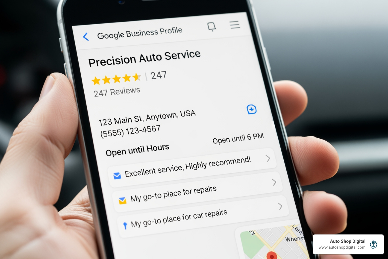 smartphone screen showing Google Business Profile with 5-star reviews - how to increase auto repair business smartphone screen showing Google Business Profile with 5-star reviews - how to increase auto repair business