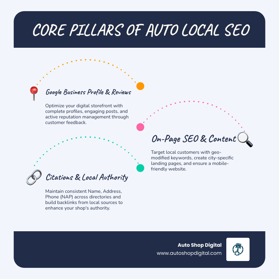Infographic showing the four core pillars of auto local SEO: Google Business Profile optimization (complete profile, photos, reviews, posts), On-Page SEO (local keywords, city landing pages, mobile-friendly site), Online Reviews (customer feedback, reputation management, response strategy), and Local Citations (NAP consistency, directory listings, backlinks from local sources) Infographic showing the four core pillars of auto local SEO: Google Business Profile optimization (complete profile, photos, reviews, posts), On-Page SEO (local keywords, city landing pages, mobile-friendly site), Online Reviews (customer feedback, reputation management, response strategy), and Local Citations (NAP consistency, directory listings, backlinks from local sources)