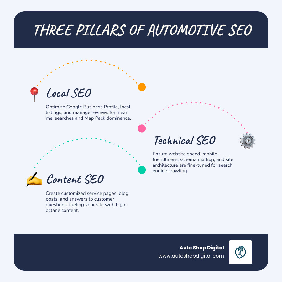 Infographic showing three pillars of automotive SEO: Local SEO (Google Business Profile, Citations, Reviews), Technical SEO (Site Speed, Mobile Optimization, Schema Markup), and Content SEO (Service Pages, Blog Posts, Customer Questions) - Automotive SEO Services infographic infographic-line-3-steps-blues-accent_colors