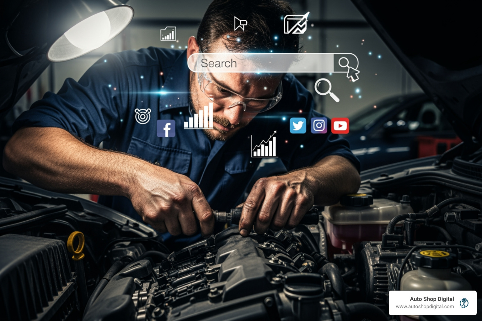 A mechanic working on an engine with digital icons floating around - Automotive SEO Services