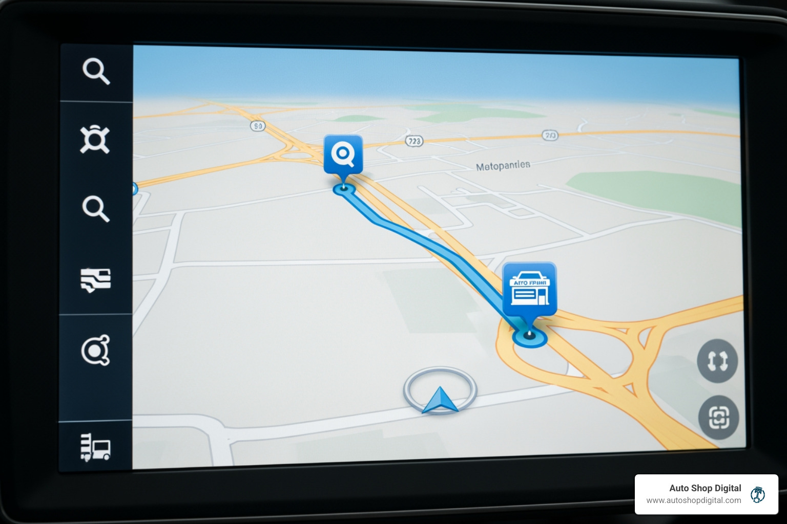 A GPS map showing a route from 'Search Query' to 'Auto Shop' - Automotive SEO Services
