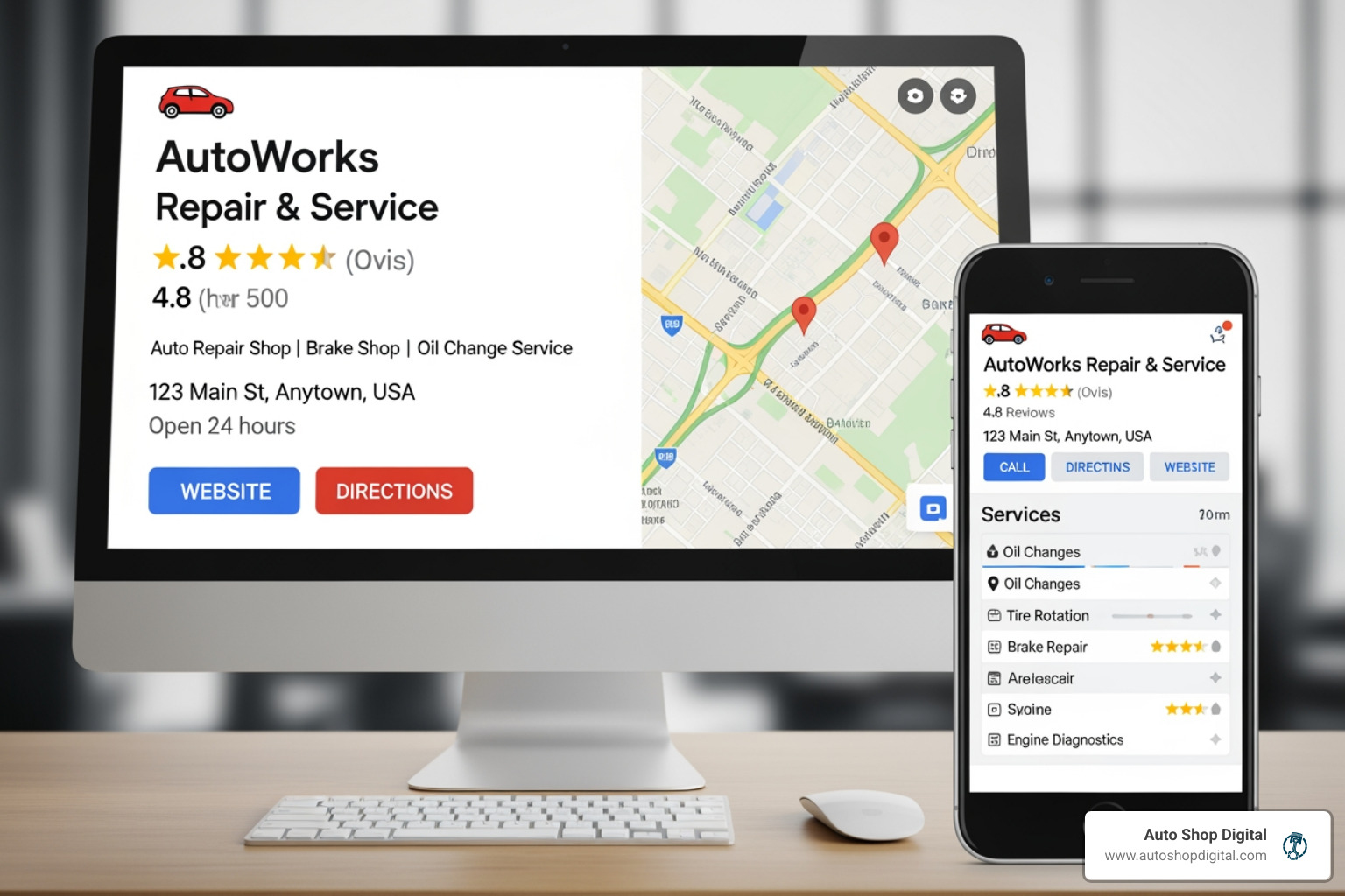 Optimized Google Business Profile on desktop and mobile - SEO for auto shops Optimized Google Business Profile on desktop and mobile - SEO for auto shops