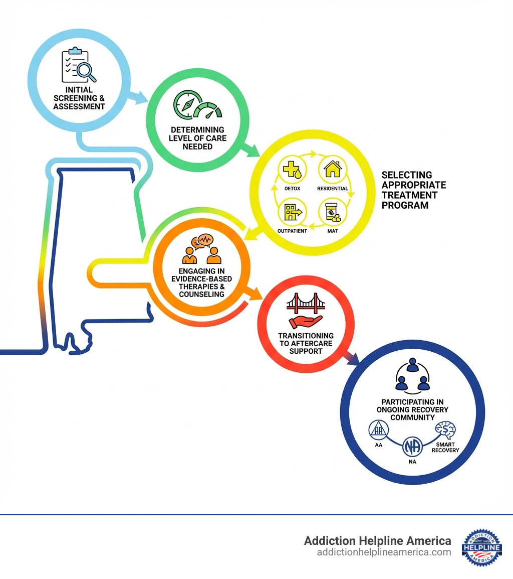 infographic showing the path to recovery in Alabama: initial screening and assessment, determining level of care needed, selecting appropriate treatment program (detox, residential, outpatient, or MAT), engaging in evidence-based therapies and counseling, transitioning to aftercare support, participating in ongoing recovery community through AA, NA, or SMART Recovery groups - drug and alcohol rehab in alabama infographic 