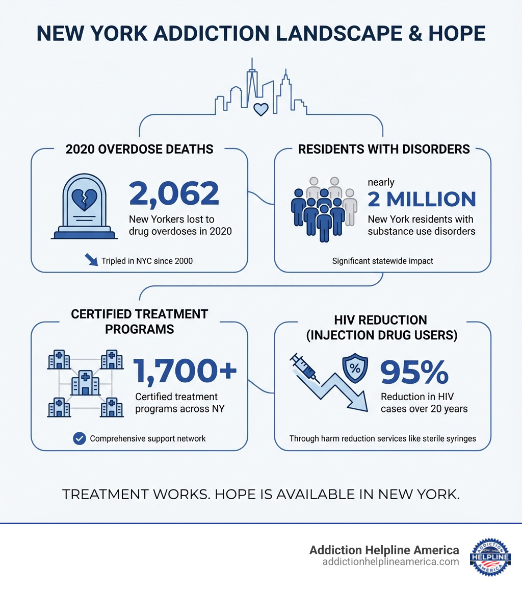 Infographic showing New York addiction statistics including 2,062 overdose deaths in 2020, nearly 2 million residents with substance use disorders, 1,700+ certified treatment programs, and 95% reduction in HIV cases among injection drug users over 20 years - drug and alcohol rehab in new york infographic 