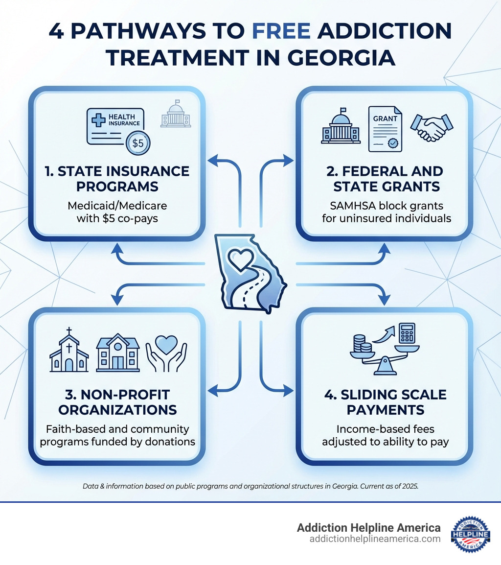 Infographic showing four pathways to free addiction treatment in Georgia: State Insurance Programs (Medicaid/Medicare with $5 co-pays), Federal and State Grants (SAMHSA block grants for uninsured individuals), Non-Profit Organizations (faith-based and community programs funded by donations), and Sliding Scale Payments (income-based fees adjusted to ability to pay) - Free Alcohol and Drug Rehab Centers in Georgia infographic 