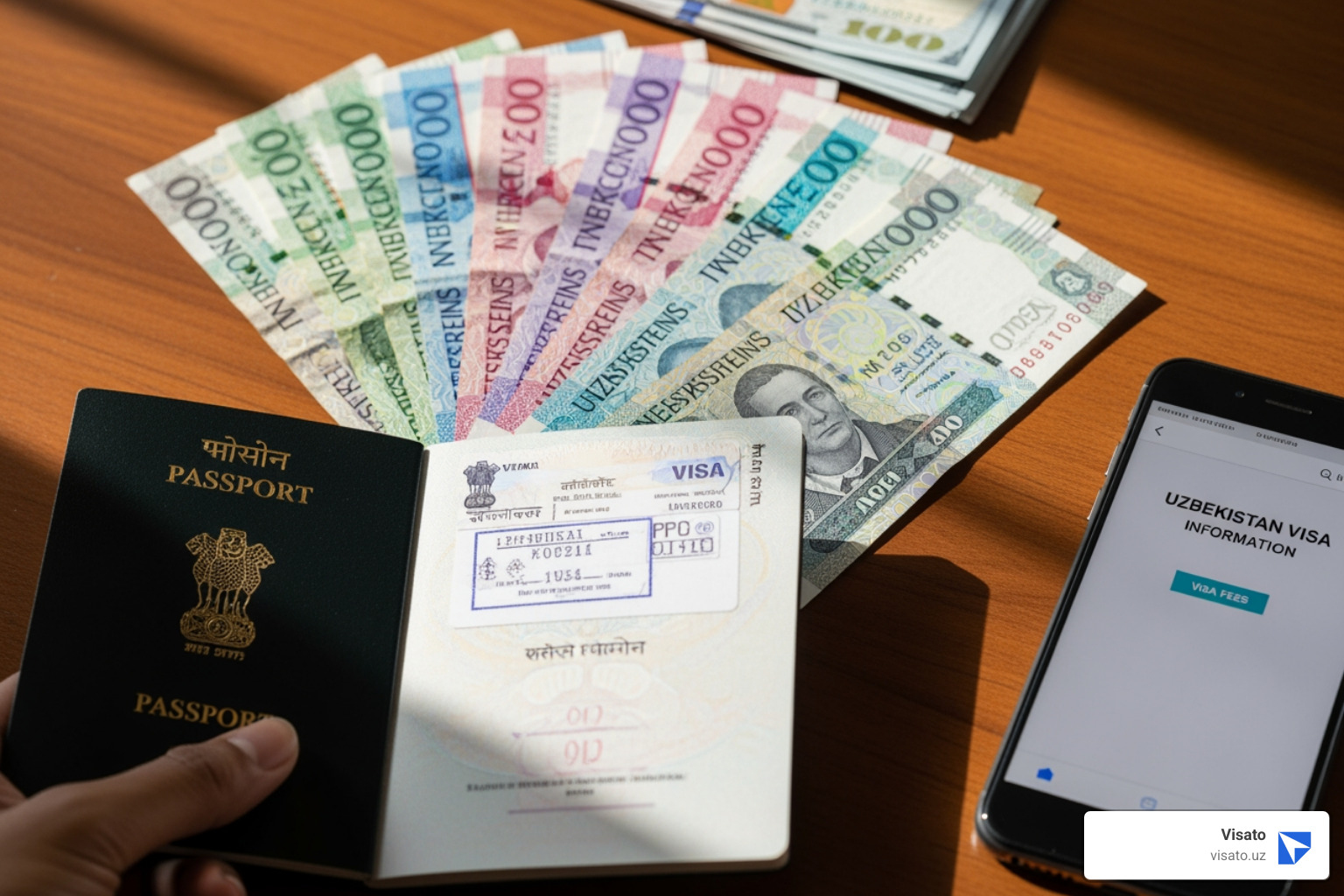 Indian passport next to an Uzbekistan travel guide - visa fees for uzbekistan from india Indian passport next to an Uzbekistan travel guide - visa fees for uzbekistan from india