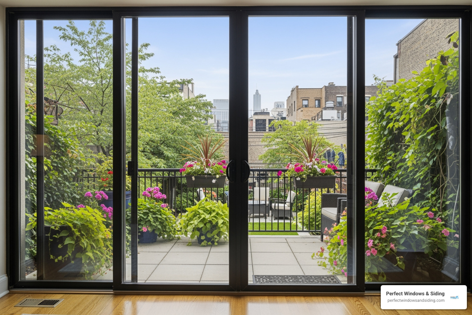 A stylish patio door opening to a vibrant Chicago backyard or balcony - replacement doors chicago A stylish patio door opening to a vibrant Chicago backyard or balcony - replacement doors chicago