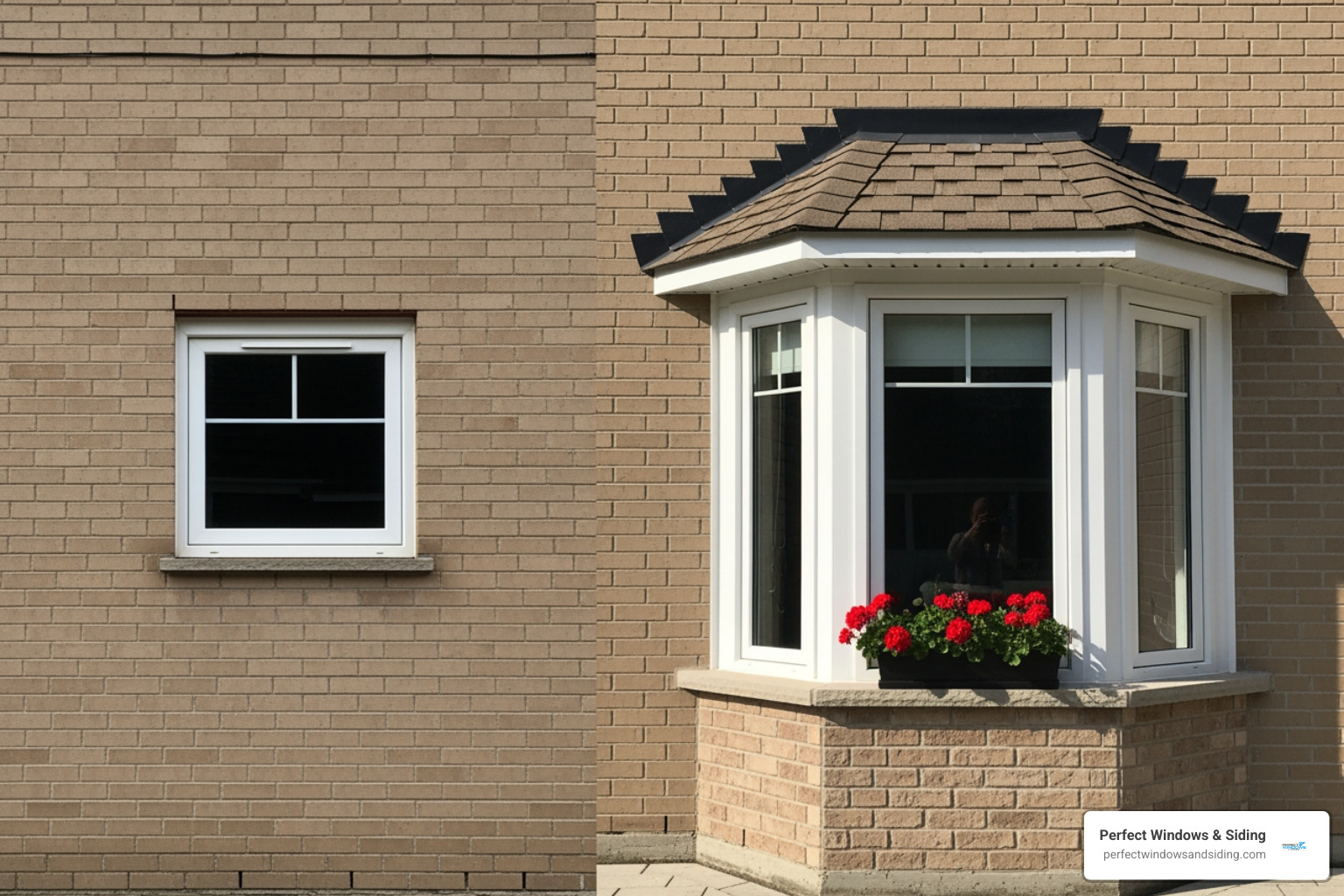 A home's plain exterior wall "before" and the same wall "after" with a newly installed bay window, showcasing enhanced curb appeal. - adding a bay window before and after