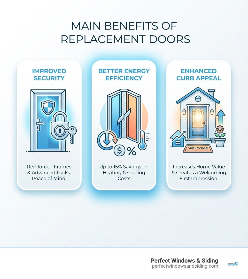 infographic showing three main benefits of replacement doors: 1) Improved Security with reinforced frames and advanced locks, 2) Better Energy Efficiency with insulated cores reducing heating and cooling costs by up to 15%, and 3) Enhanced Curb Appeal increasing home value and creating a welcoming first impression - replacement doors chicago infographic infographic showing three main benefits of replacement doors: 1) Improved Security with reinforced frames and advanced locks, 2) Better Energy Efficiency with insulated cores reducing heating and cooling costs by up to 15%, and 3) Enhanced Curb Appeal increasing home value and creating a welcoming first impression - replacement doors chicago infographic