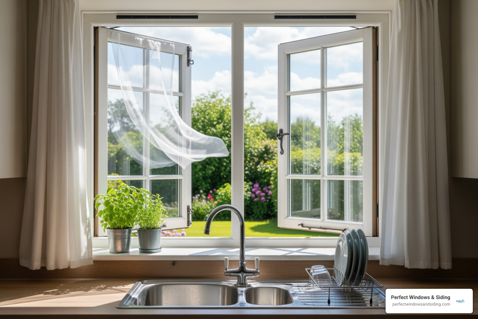 a casement window fully open over a kitchen sink, letting in fresh air and light - casement windows Chicago