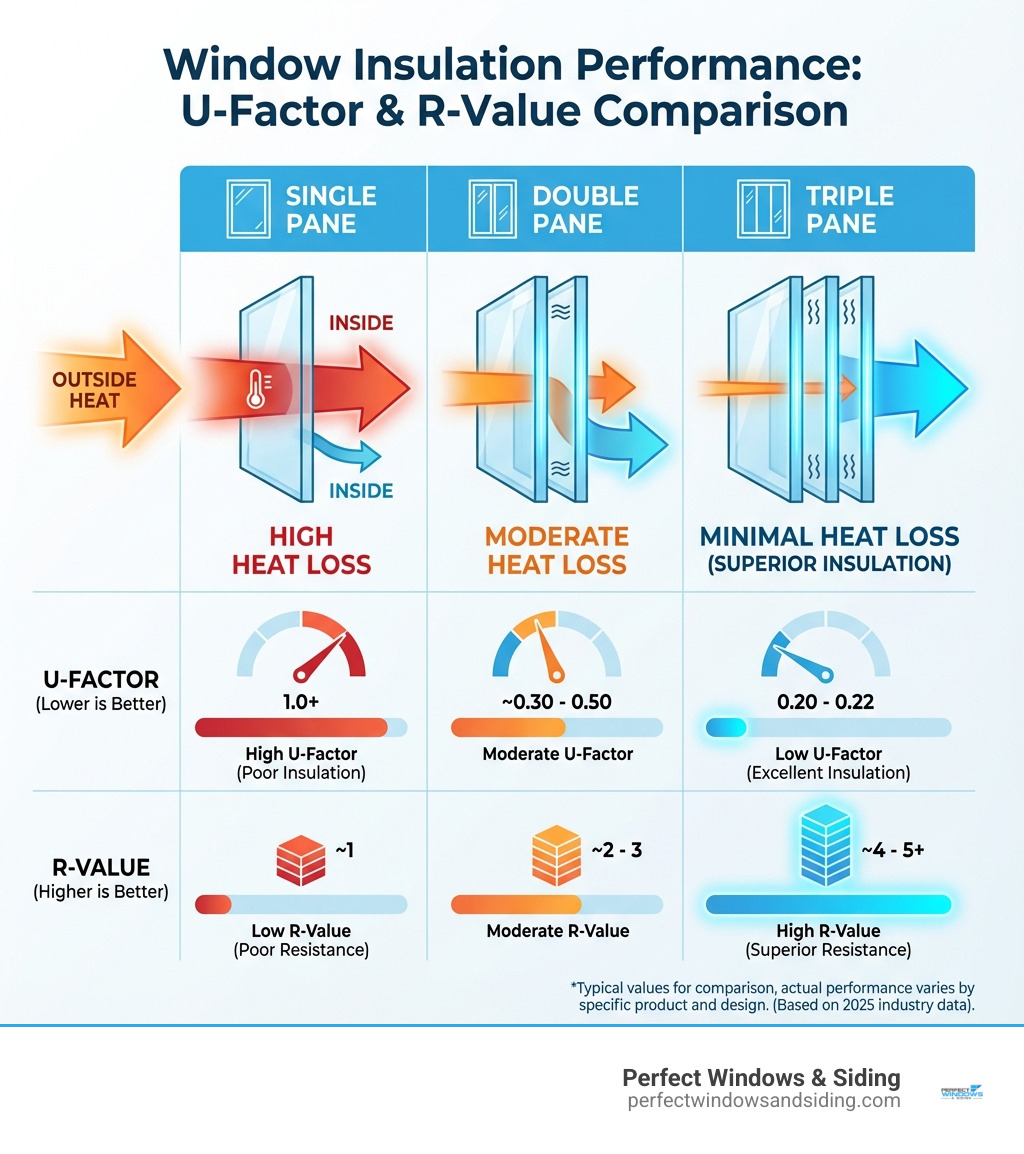 table comparing typical U-Factors and R-Values of Single, Double, and Triple-Pane Windows - Triple pane windows infographic 