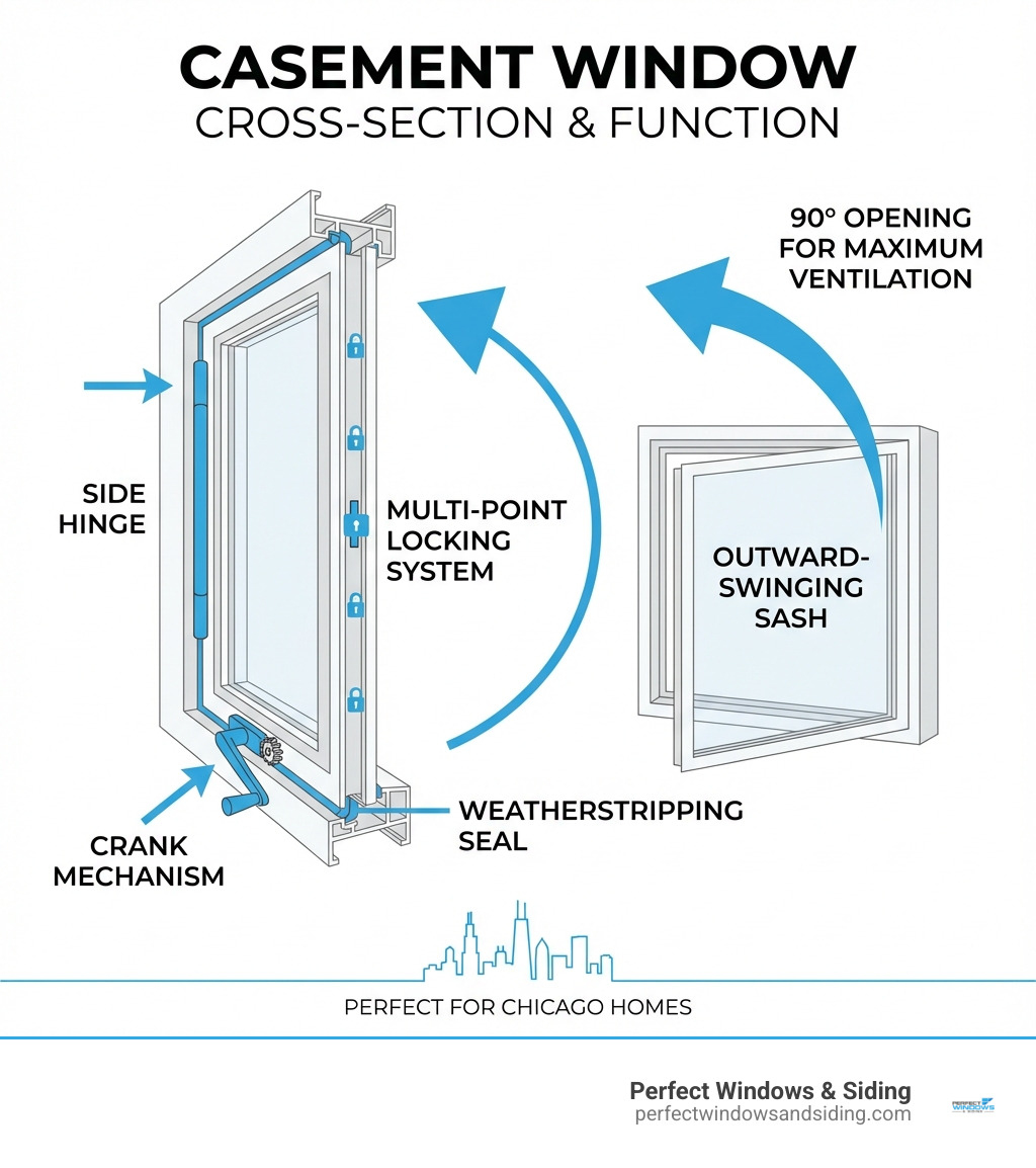 infographic showing a casement window cross-section with labeled parts including the side hinge, crank mechanism, sash that swings outward, multi-point locking system, and weatherstripping seal, plus arrows indicating how the window opens 90 degrees for maximum ventilation - casement windows Chicago infographic 
