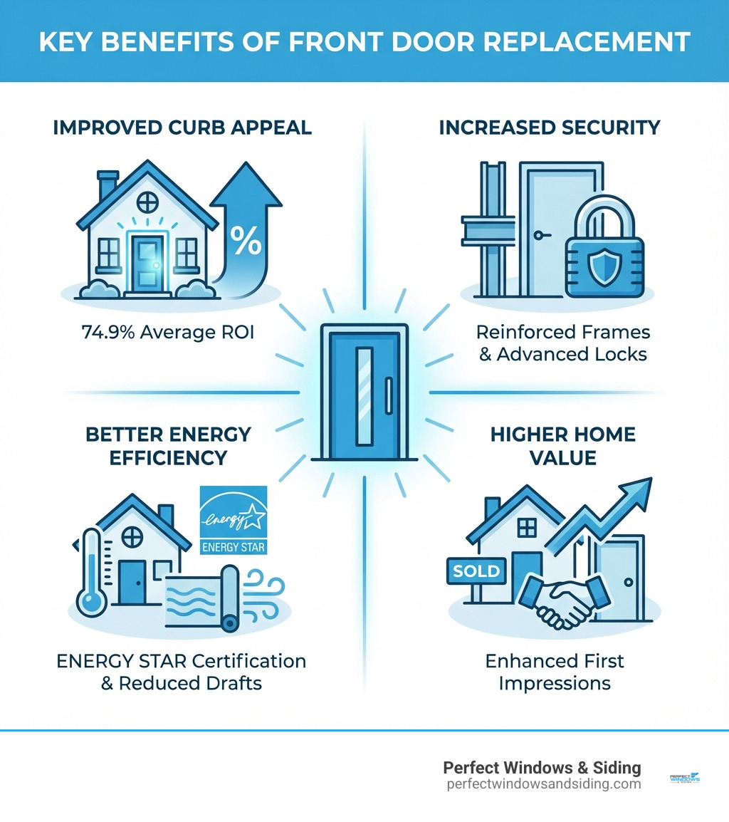 infographic showing key benefits of front door replacement: improved curb appeal with 74.9% average ROI, increased security through reinforced frames and advanced locks, better energy efficiency with ENERGY STAR certification and reduced drafts, and higher home value through enhanced first impressions - front door replacement chicago il infographic infographic showing key benefits of front door replacement: improved curb appeal with 74.9% average ROI, increased security through reinforced frames and advanced locks, better energy efficiency with ENERGY STAR certification and reduced drafts, and higher home value through enhanced first impressions - front door replacement chicago il infographic
