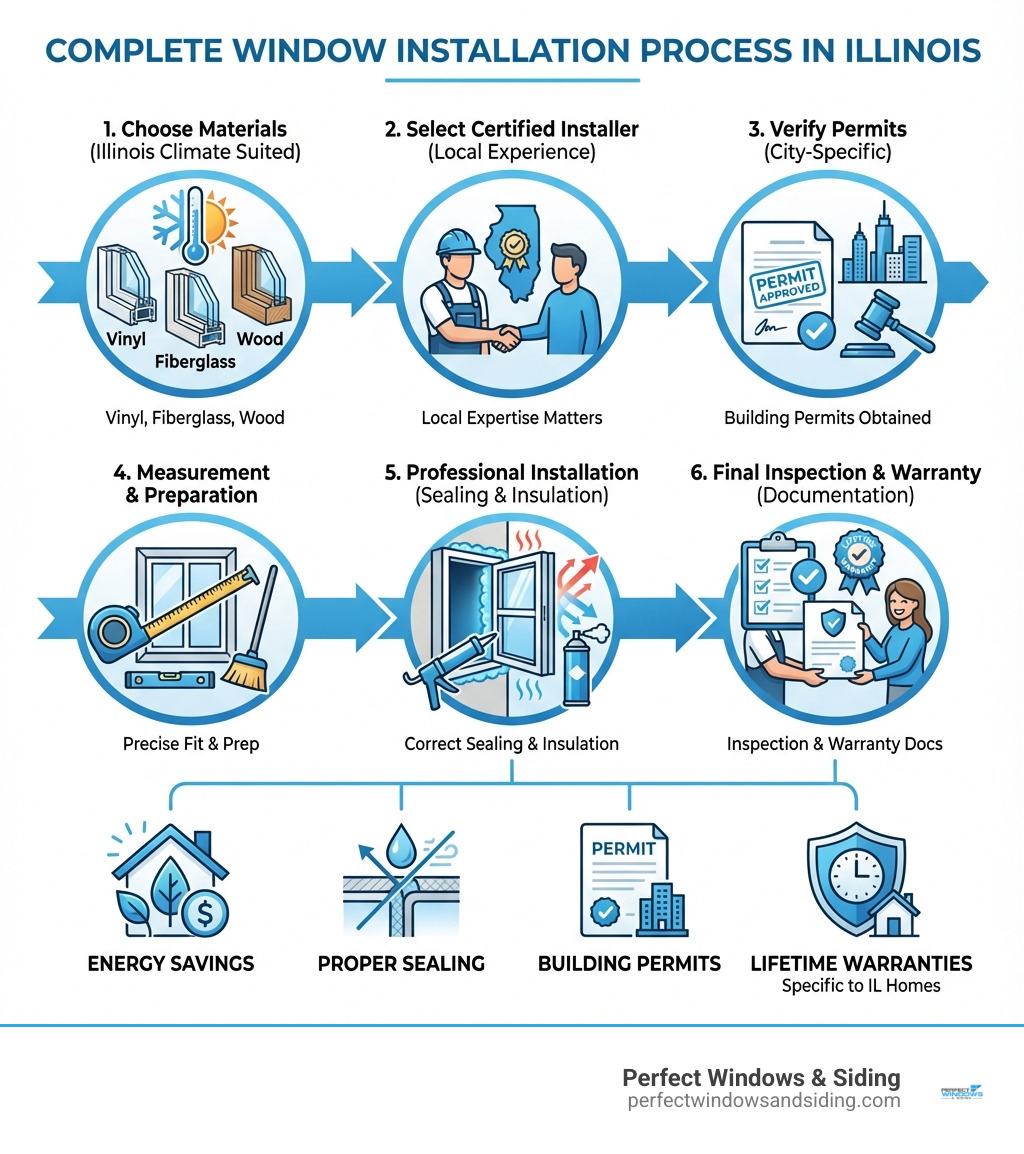 Infographic showing the complete window installation process in Illinois: 1) Choose window materials suited for Illinois climate (vinyl, fiberglass, wood), 2) Select certified installer with local experience, 3) Verify permits are obtained for your city, 4) Ensure proper measurement and preparation, 5) Professional installation with correct sealing and insulation, 6) Final inspection and warranty documentation. Includes icons for energy savings, proper sealing, building permits, and lifetime warranties specific to Illinois homes. - window installation illinois infographic 