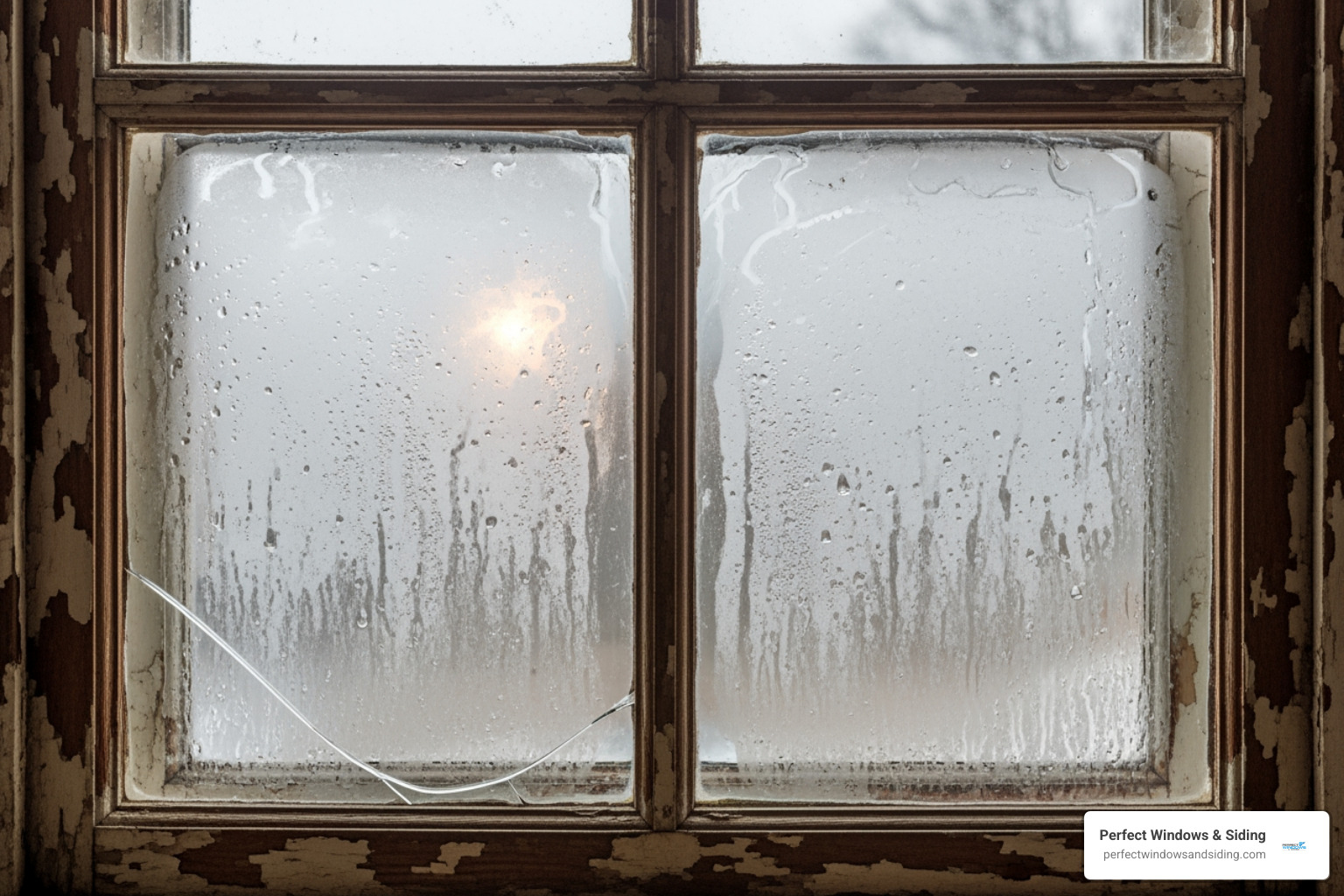 a drafty, old window with condensation between the panes - windows and doors installation