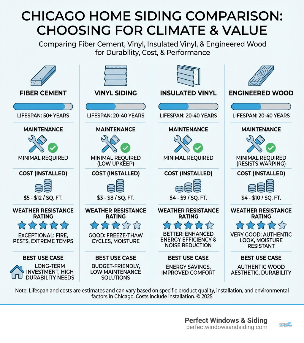 Infographic comparing fiber cement, vinyl, insulated vinyl, and engineered wood siding for Chicago homes, showing lifespan (50+ years for fiber cement, 20-40 for vinyl), maintenance requirements (minimal for all), cost per square foot installed, weather resistance ratings, and best use cases - new siding Chicago infographic 