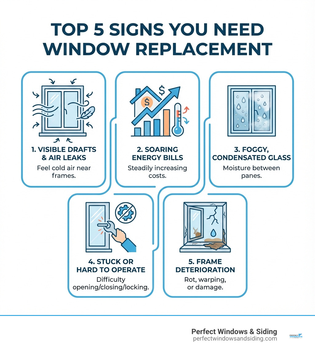 Infographic showing the top 5 signs you need window replacement: 1. Visible drafts or air leaks around window frames, 2. Steadily increasing heating and cooling bills indicating poor insulation, 3. Condensation or fog between double or triple pane glass, 4. Difficulty opening, closing, or locking windows, 5. Deterioration, rot, or damage to window frames or sills - window replacement companies chicago infographic 