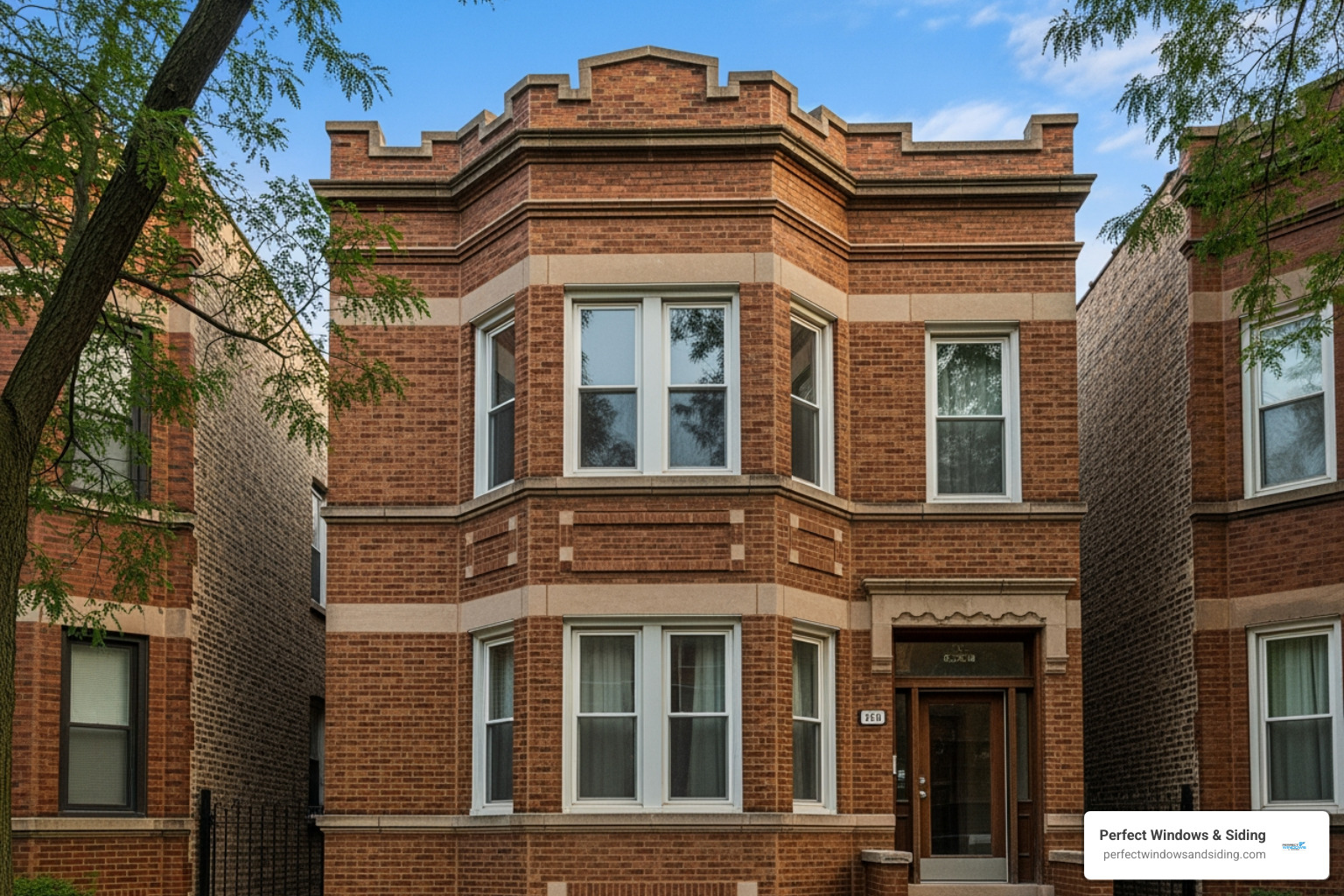A charming brick two-flat building in Chicago featuring a prominent bay window on the second floor. - custom windows Chicago