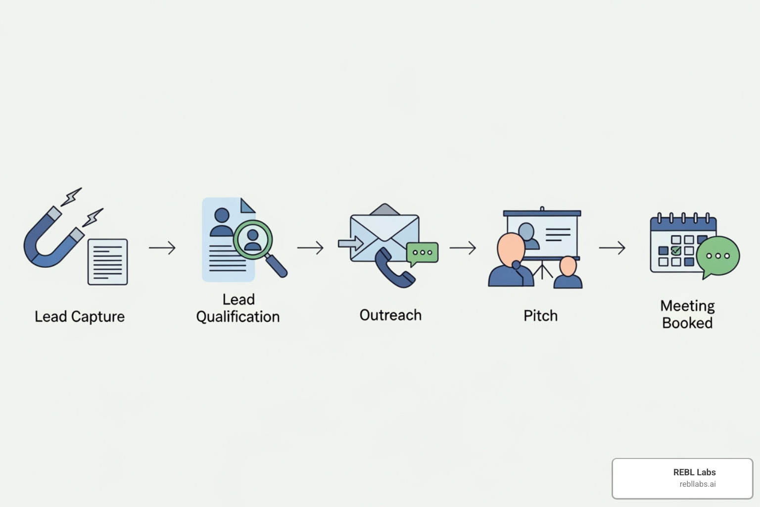 Automated sales workflow from lead capture to meeting booked, illustrating each step with icons and arrows - ai sales bot Automated sales workflow from lead capture to meeting booked, illustrating each step with icons and arrows - ai sales bot
