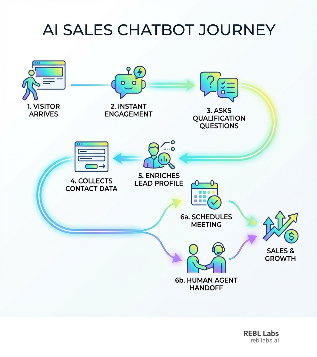 Infographic showing the AI sales chatbot journey: website visitor arrives, chatbot engages instantly, asks qualification questions, collects contact data, enriches lead profile, schedules meeting with sales rep or hands off to human agent - ai chatbot sales infographic 