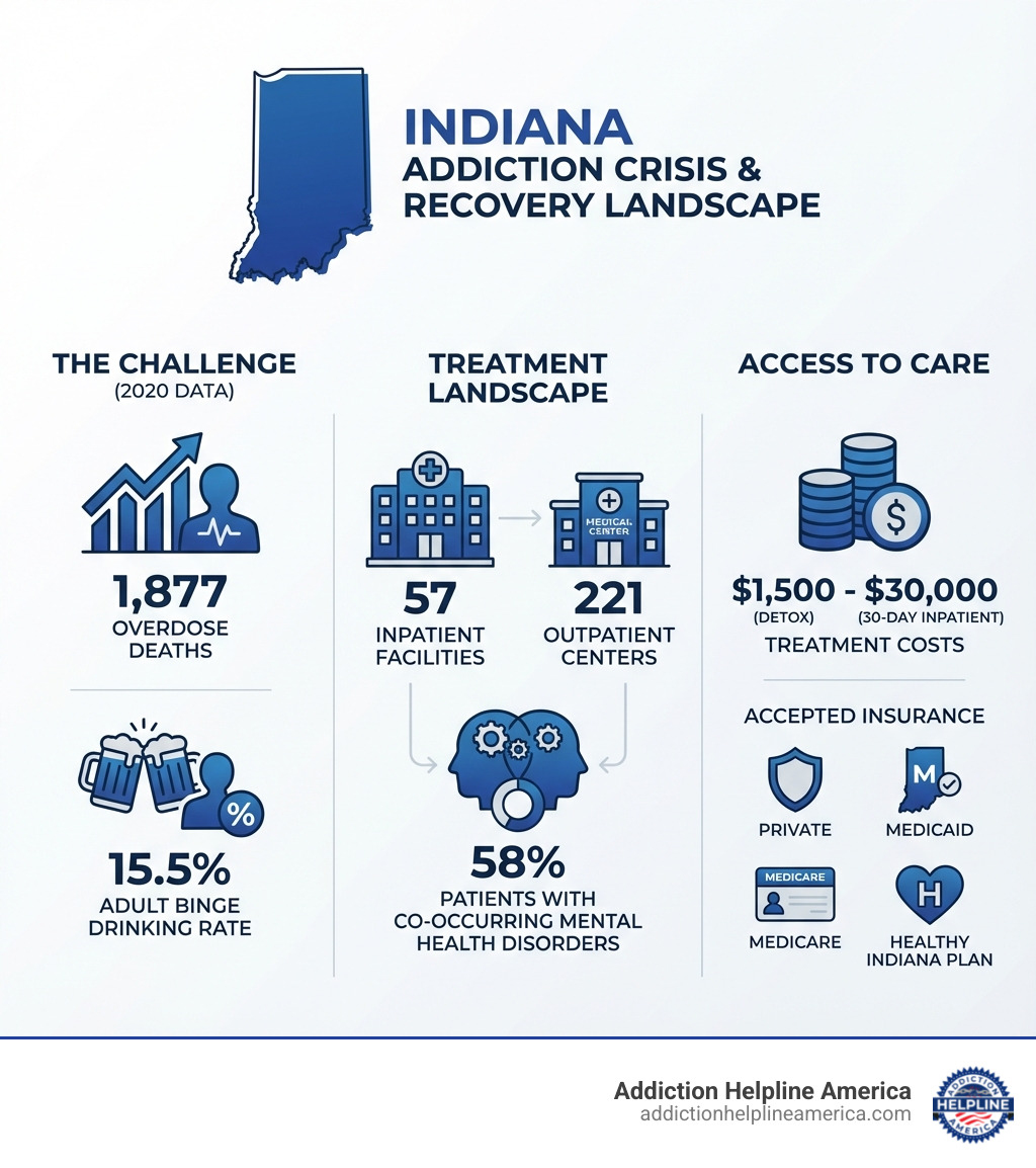 infographic showing Indiana addiction statistics: 1,877 overdose deaths in 2020, 15.5% adult binge drinking rate, 57 inpatient facilities, 221 outpatient centers, 58% of patients have co-occurring mental health disorders, treatment costs ranging from $1,500 for detox to $30,000 for 30-day inpatient care, accepted insurance includes private, Medicaid, Medicare, and Healthy Indiana Plan - Best Drug & Alcohol Rehabs in Indiana 2026 infographic 