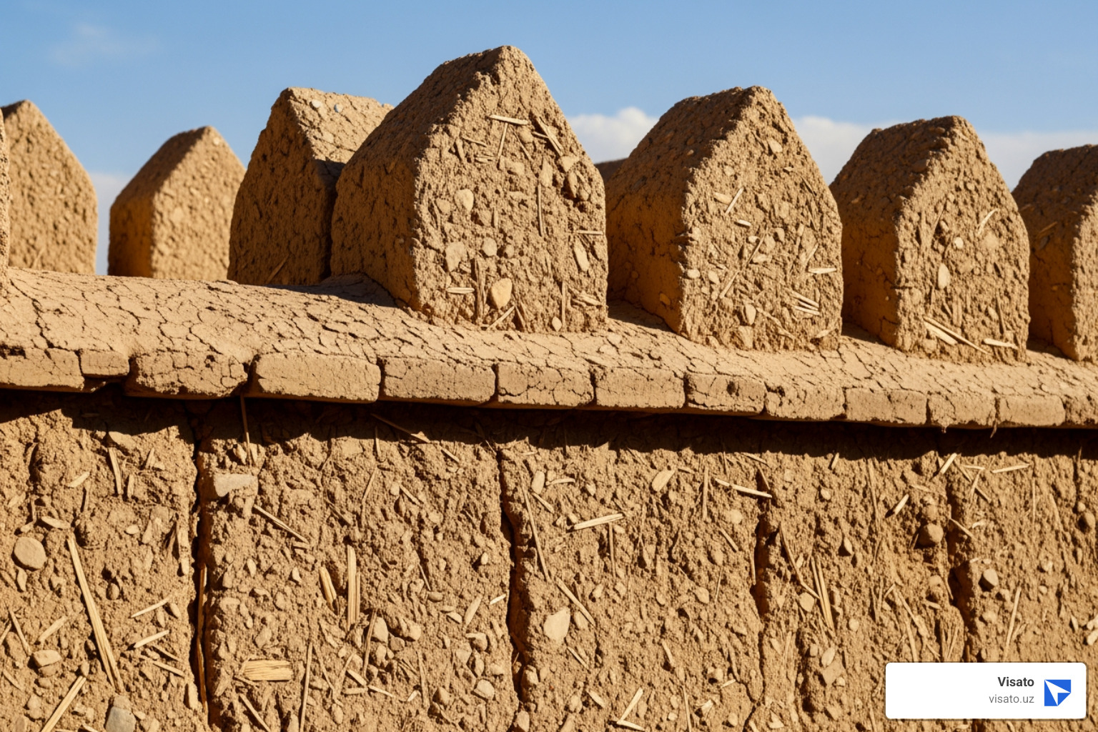 Detailed view of the mud-brick texture and crenellations of Khiva's walls - Khiva city walls Detailed view of the mud-brick texture and crenellations of Khiva's walls - Khiva city walls