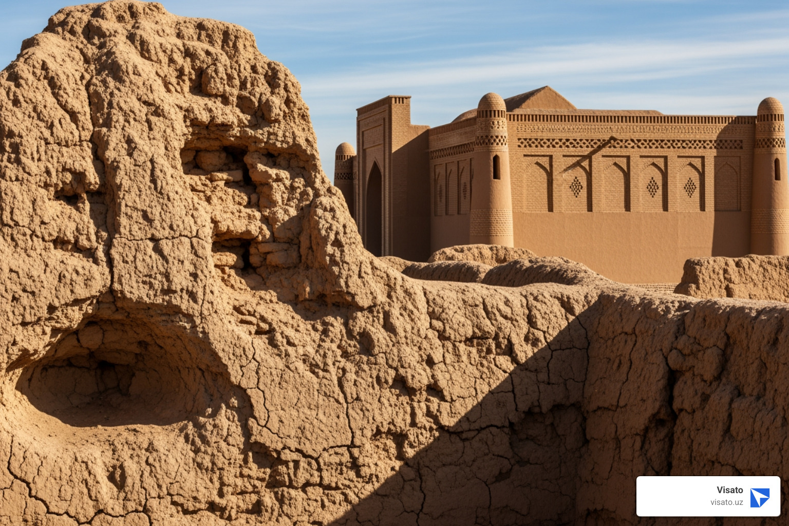 Crumbling Dichan Kala walls contrasting with restored Ichan Kala - Khiva city walls Crumbling Dichan Kala walls contrasting with restored Ichan Kala - Khiva city walls