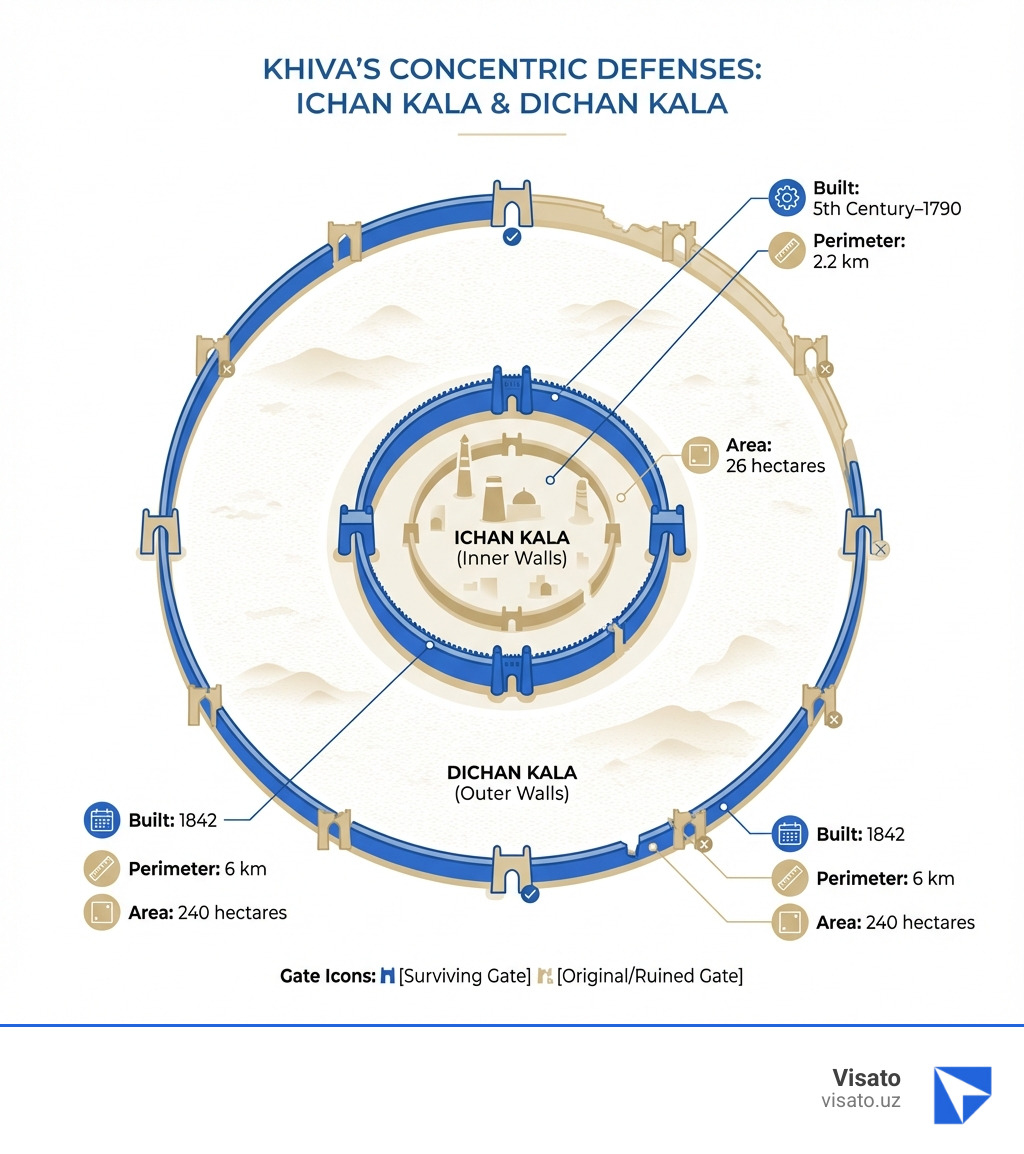 Infographic showing the concentric layout of Khiva's defenses: Ichan Kala inner walls (2.2 km perimeter, 26 hectares, 4 main gates, built 5th century-1790) surrounded by the larger Dichan Kala outer walls (6 km perimeter, 240 hectares, 10 original gates with 2 surviving, built 1842) - Khiva city walls infographic Infographic showing the concentric layout of Khiva's defenses: Ichan Kala inner walls (2.2 km perimeter, 26 hectares, 4 main gates, built 5th century-1790) surrounded by the larger Dichan Kala outer walls (6 km perimeter, 240 hectares, 10 original gates with 2 surviving, built 1842) - Khiva city walls infographic