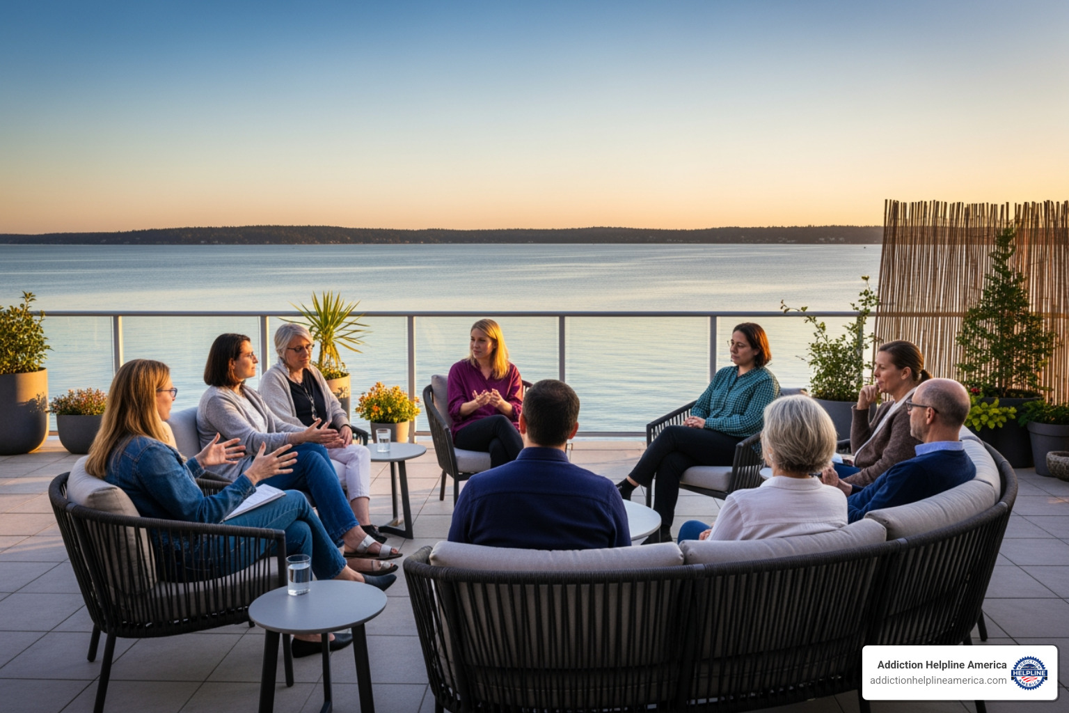 group therapy session on a patio overlooking the water - Best Drug & Alcohol Rehabs in Florida 2026