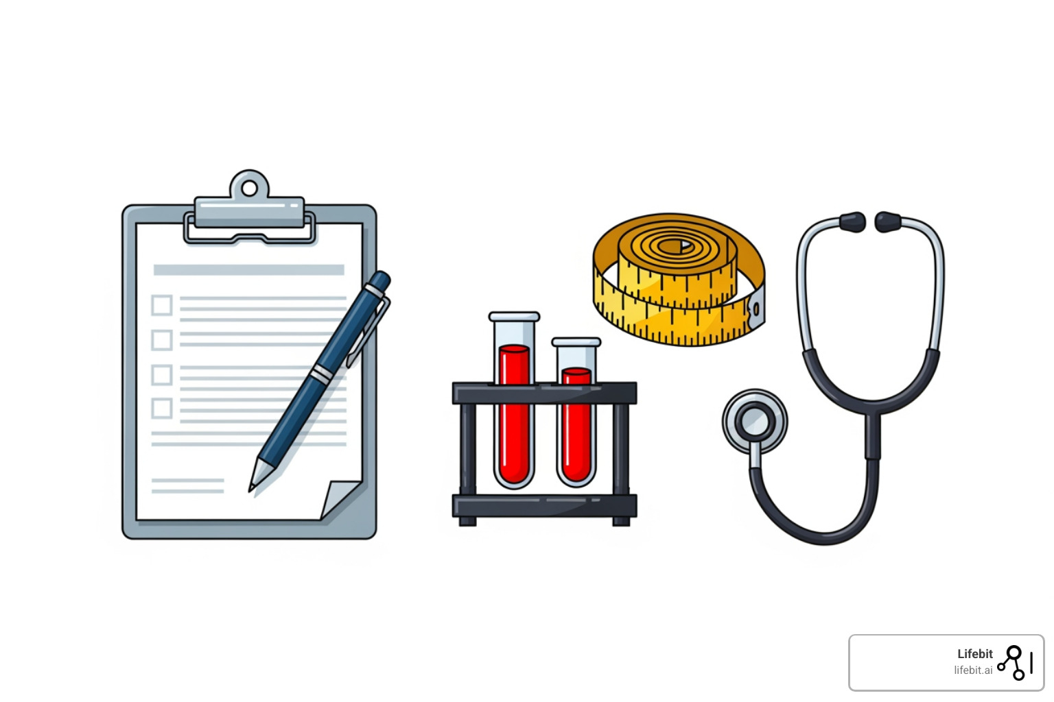 illustration of questionnaire, blood sample, and physical measurement symbols - canpath