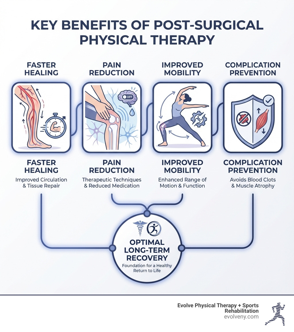 infographic showing key benefits of post-surgical physical therapy: faster healing through improved circulation, pain reduction via therapeutic techniques, improved mobility and range of motion, and complication prevention including blood clots and muscle atrophy - post-surgical physical therapy infographic 