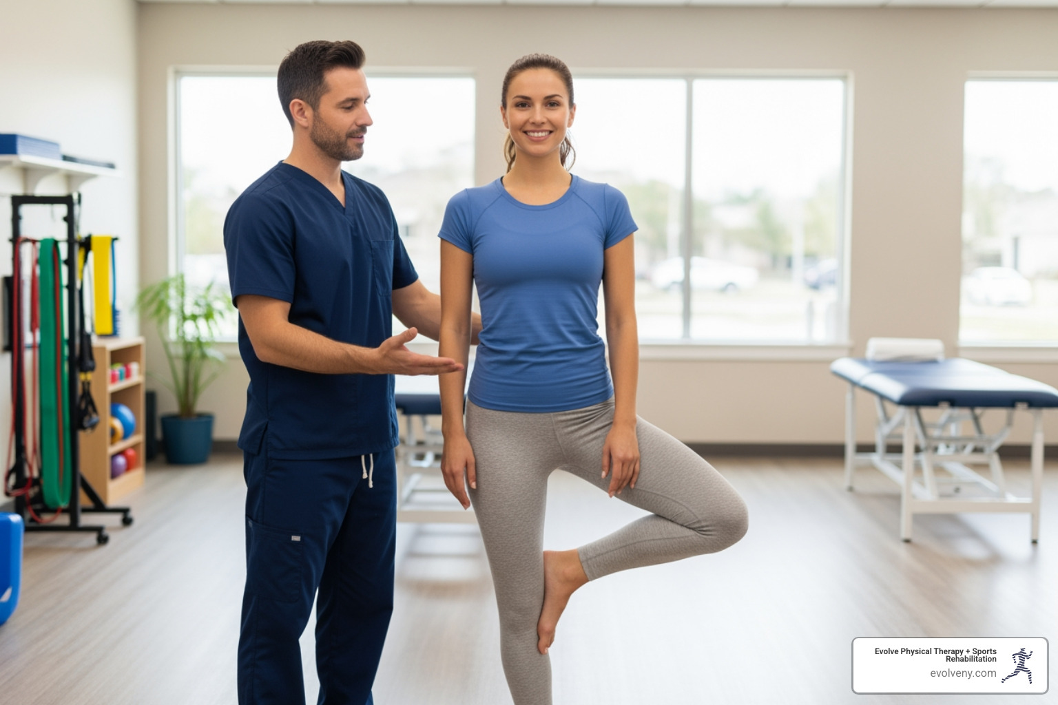 patient smiling while performing balance exercise - post-surgical physical therapy